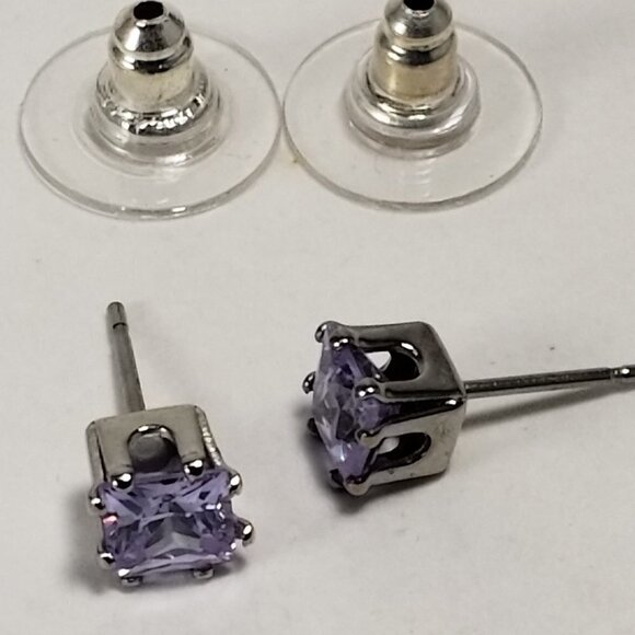 Lavender CZ Stud Earrings | Sterling Silver Overlay Princess Cut Crystal Jewelry - Picture 3 of 8
